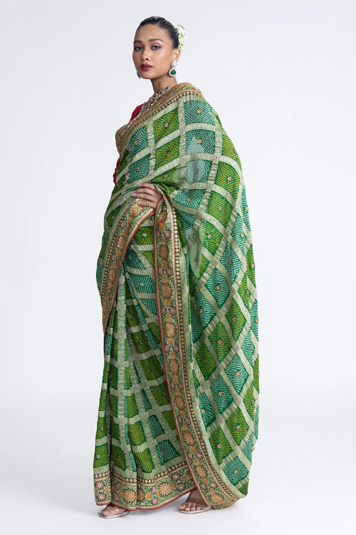 Green Gharchola Banarasi Bandhani Saree with Embroidery