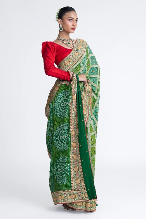 Green Gharchola Banarasi Bandhani Saree with Embroidery