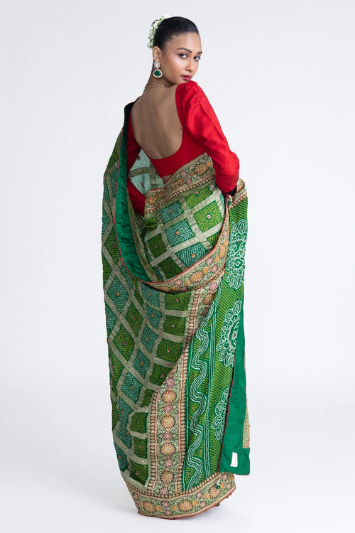 Green Gharchola Banarasi Bandhani Saree with Embroidery