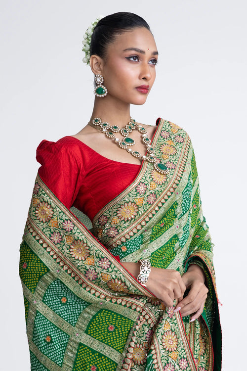 Green Gharchola Banarasi Bandhani Saree with Embroidery