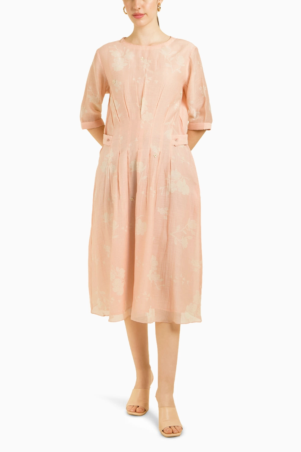 Embroidered Old Rose Bon Pleated Dress
