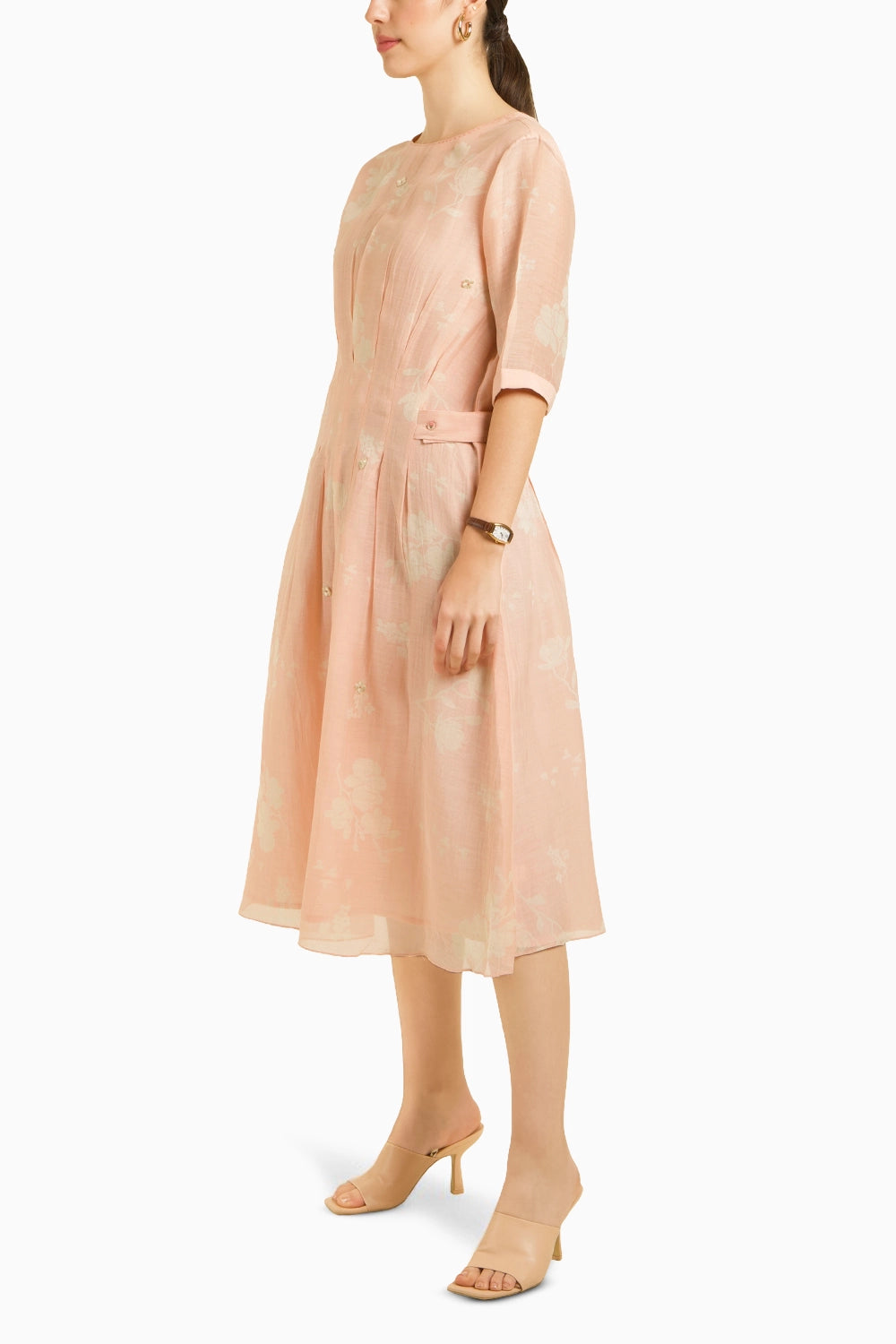 Embroidered Old Rose Bon Pleated Dress