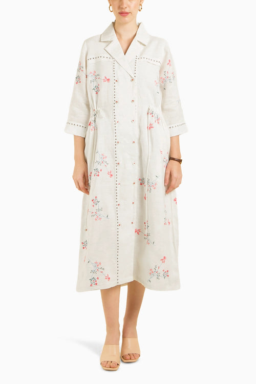 Ivory Printed Side Gathered Shirt Dress