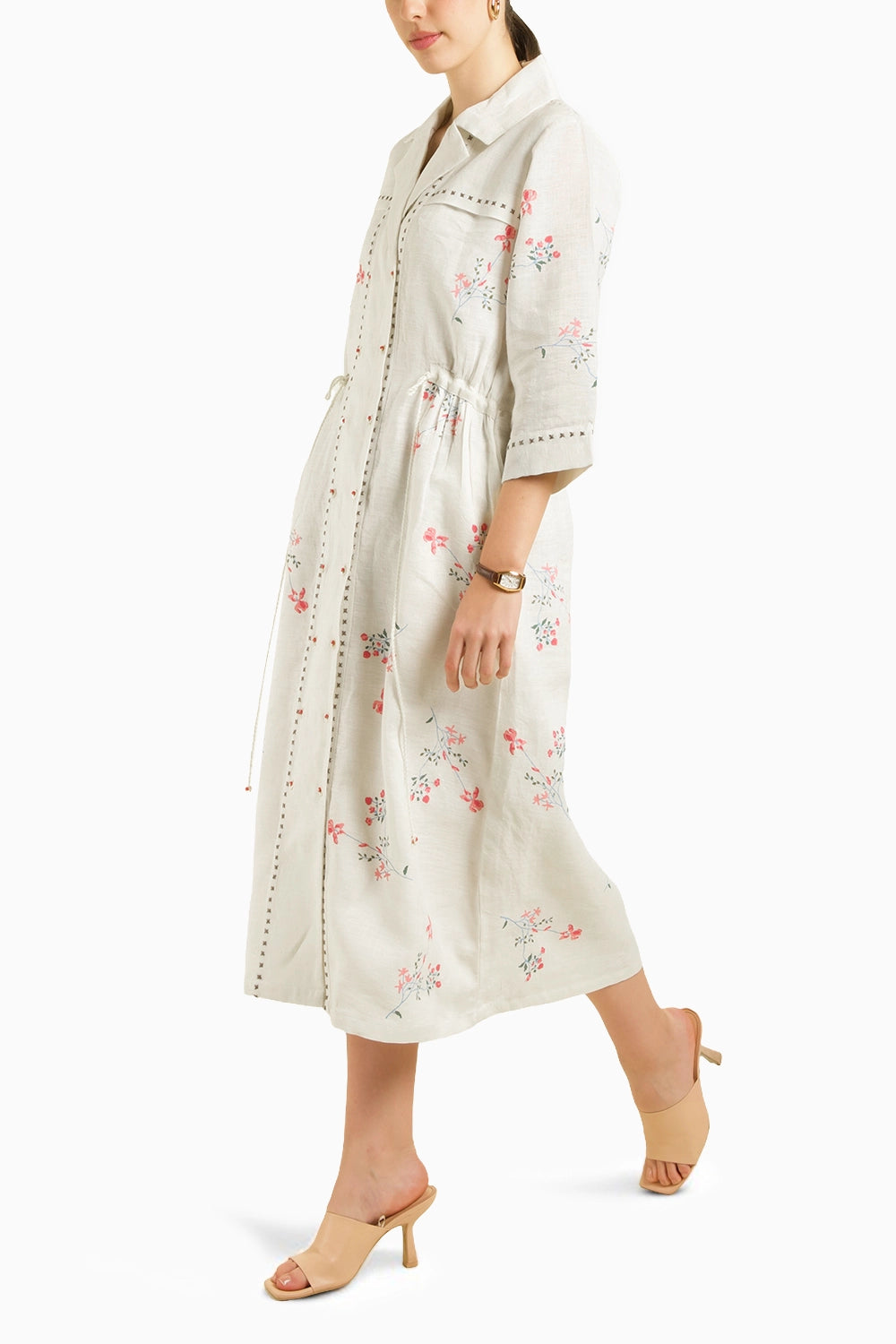 Ivory Printed Side Gathered Shirt Dress
