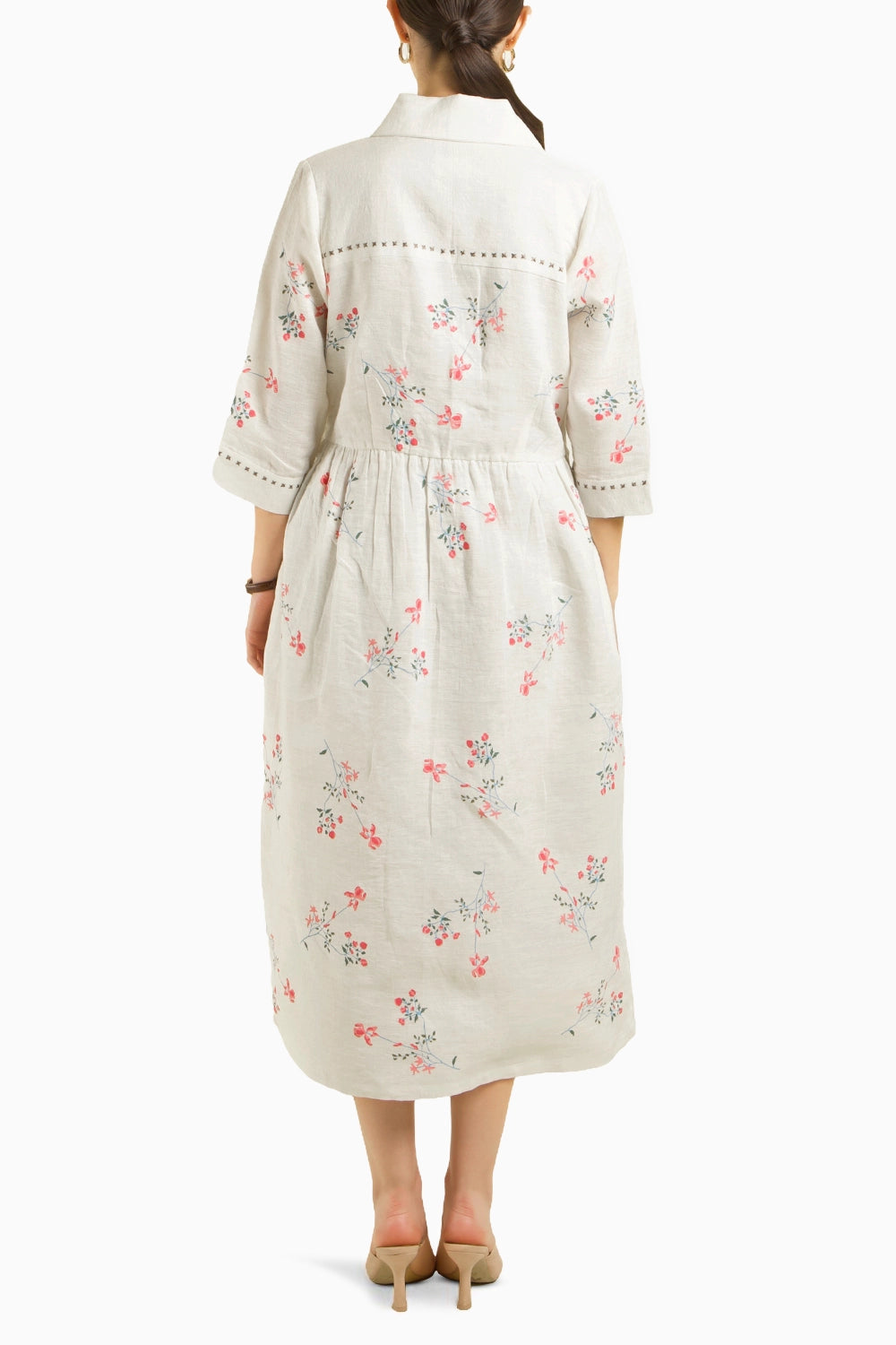 Ivory Printed Side Gathered Shirt Dress