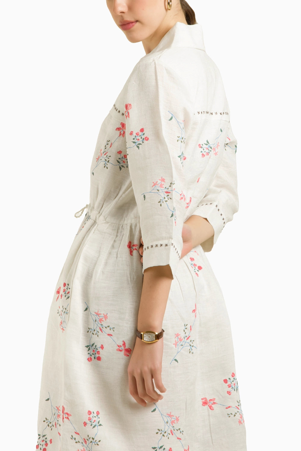 Ivory Printed Side Gathered Shirt Dress