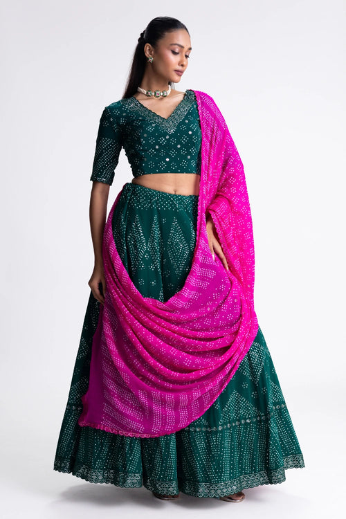 Green Bandhani Crepe Lehenga Set