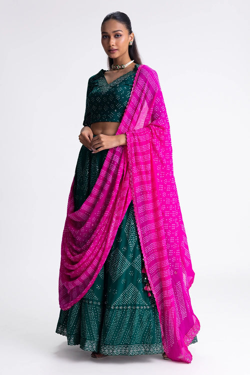 Green Bandhani Crepe Lehenga Set