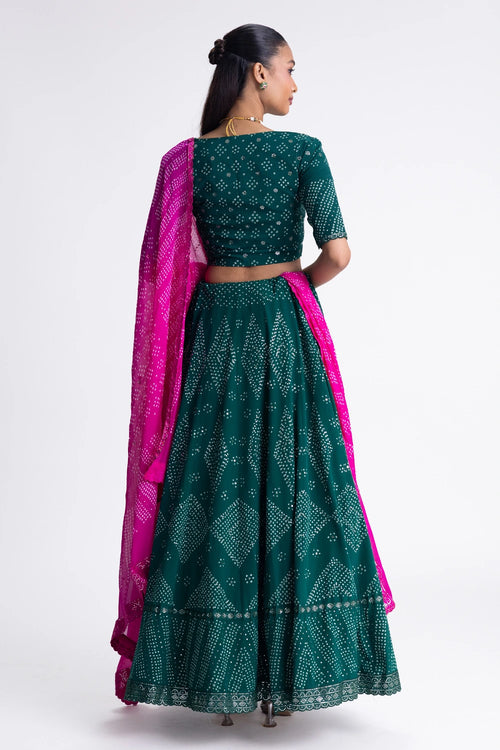 Green Bandhani Crepe Lehenga Set