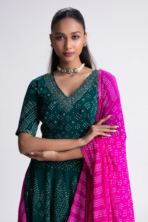 Green Bandhani Crepe Lehenga Set