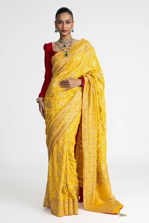 Yellow Banarasi Bandhani Saree with Embroidery