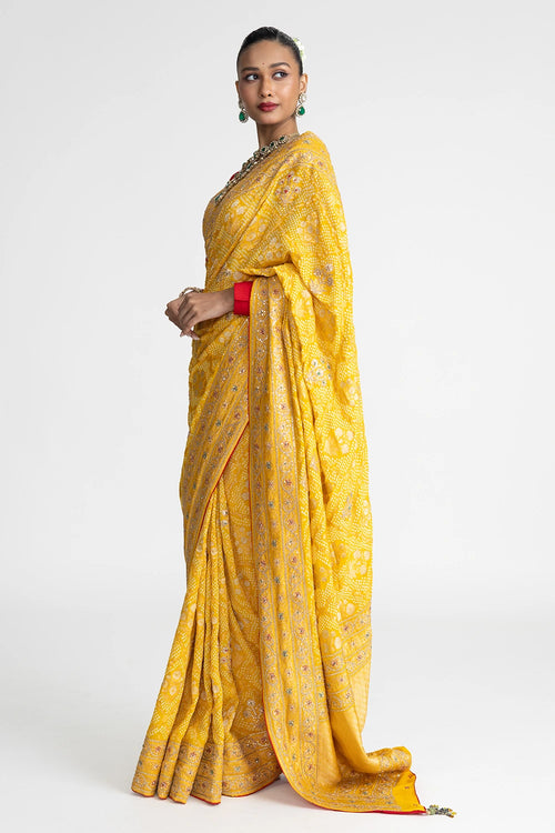 Yellow Banarasi Bandhani Saree with Embroidery