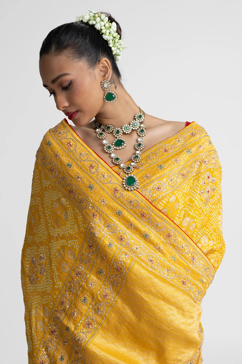 Yellow Banarasi Bandhani Saree with Embroidery