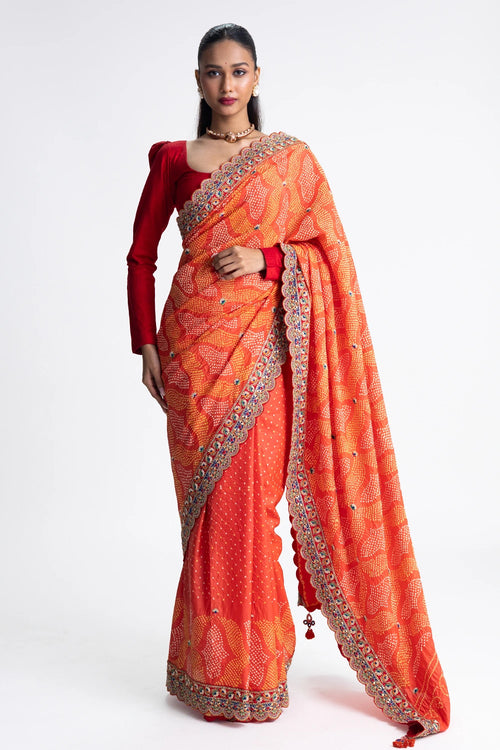 Orange Bandhani Silk Zardozi Embroidery Saree