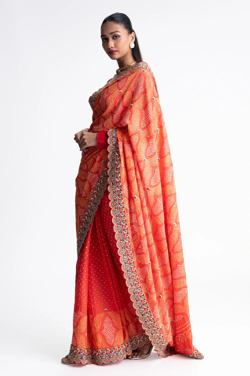 Orange Bandhani Silk Zardozi Embroidery Saree