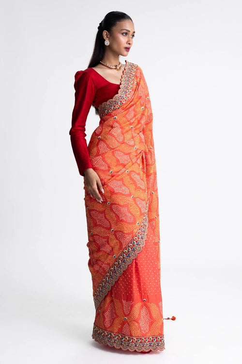 Orange Bandhani Silk Zardozi Embroidery Saree