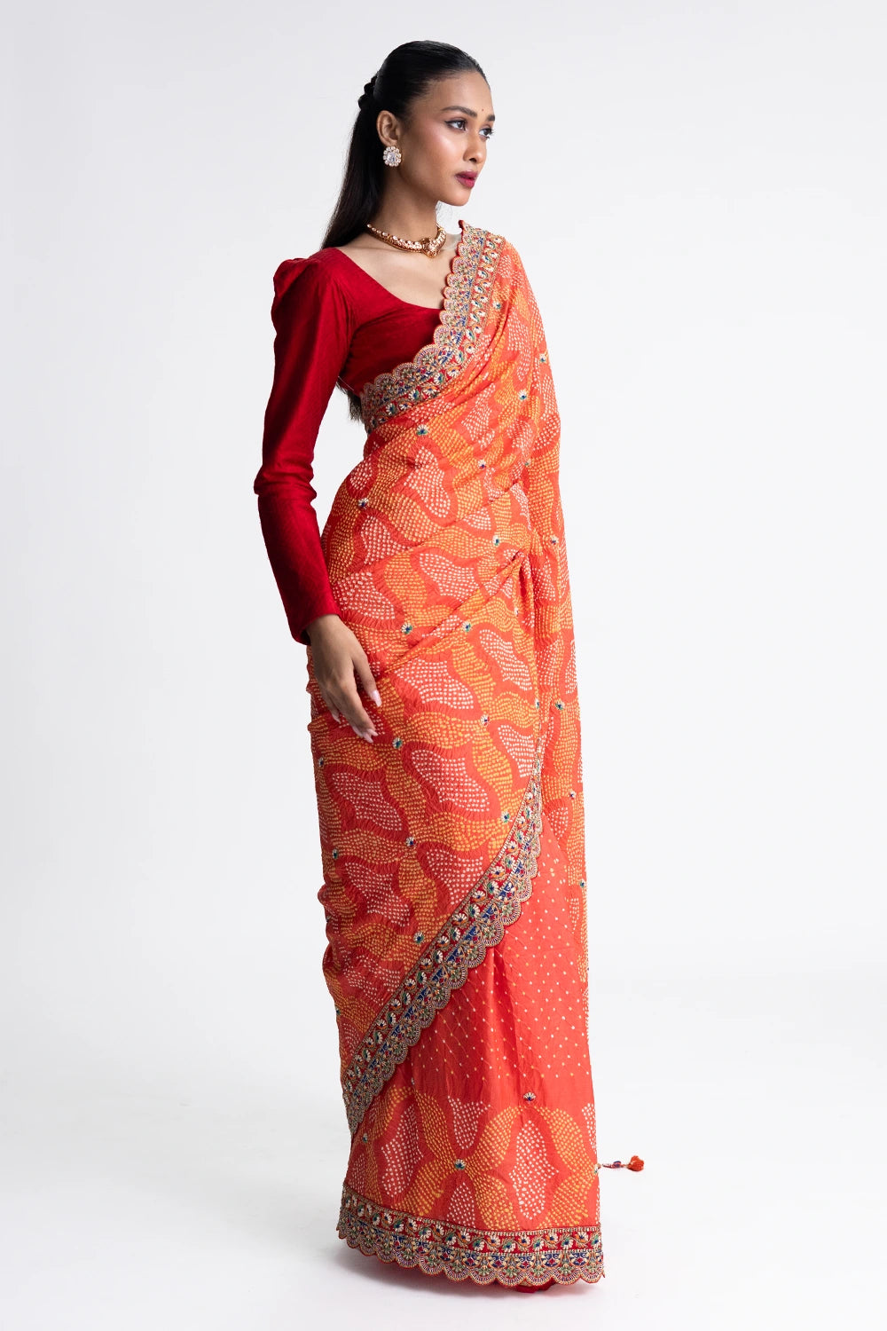 Orange Bandhani Silk Zardozi Embroidery Saree