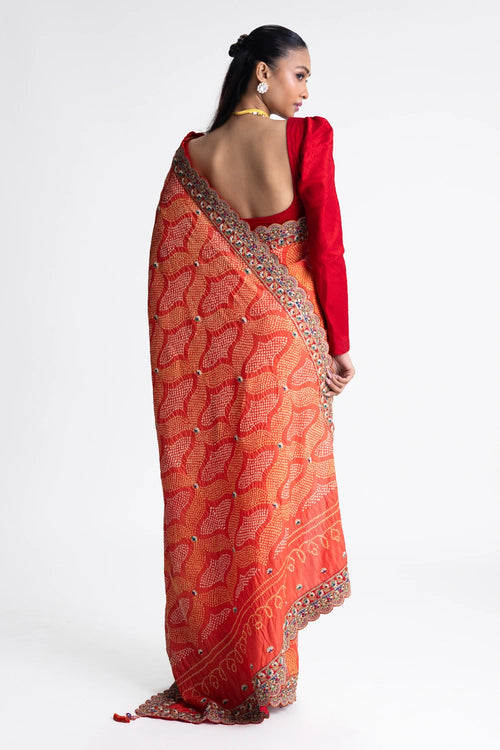 Orange Bandhani Silk Zardozi Embroidery Saree