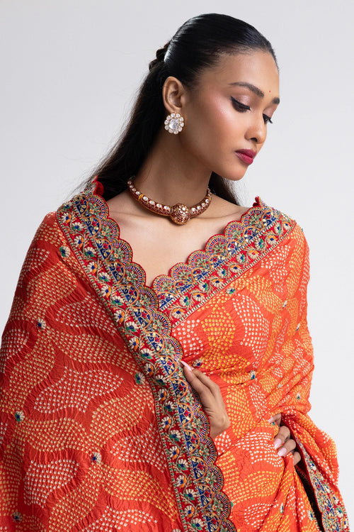 Orange Bandhani Silk Zardozi Embroidery Saree