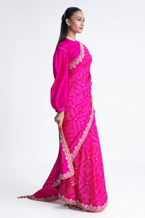 Rani Bandhani Silk French Knot Embroidery Saree