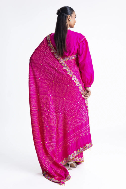 Rani Bandhani Silk French Knot Embroidery Saree