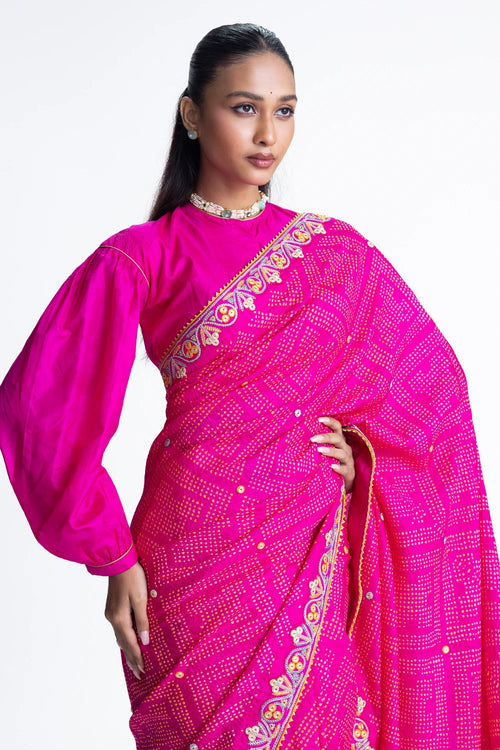 Rani Bandhani Silk French Knot Embroidery Saree
