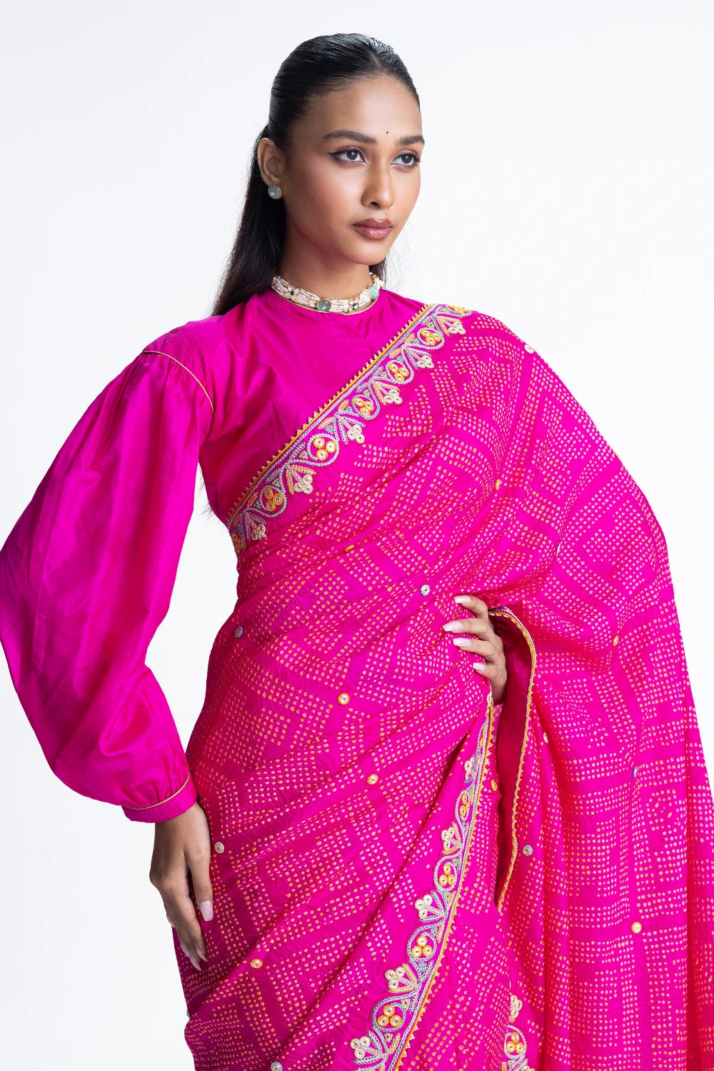 Rani Bandhani Silk French Knot Embroidery Saree