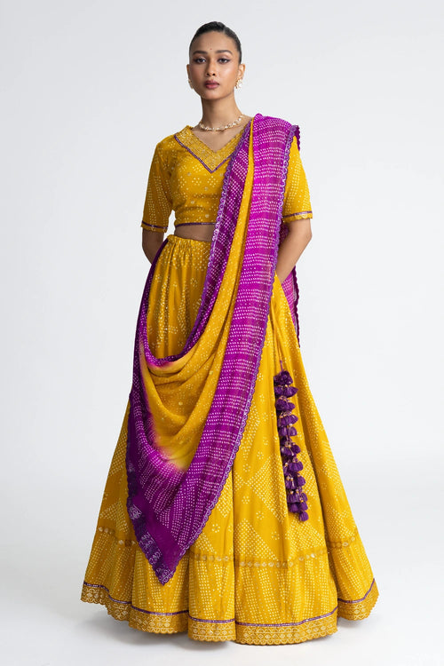 Yellow Bandhani Crepe Lehenga Set