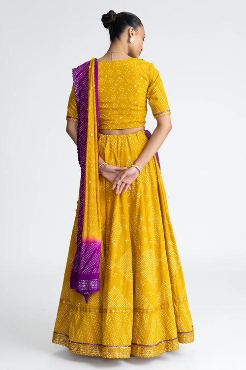 Yellow Bandhani Crepe Lehenga Set