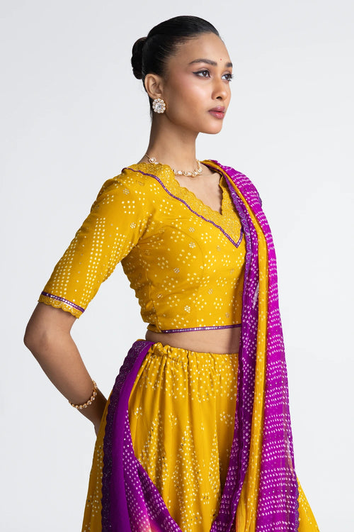 Yellow Bandhani Crepe Lehenga Set
