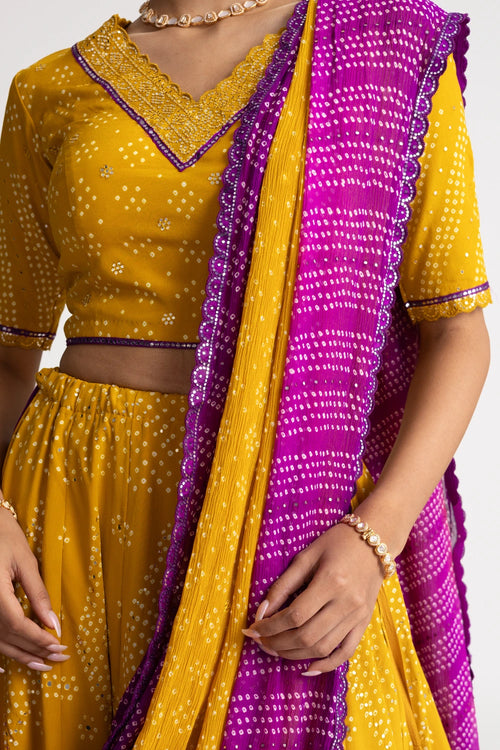 Yellow Bandhani Crepe Lehenga Set