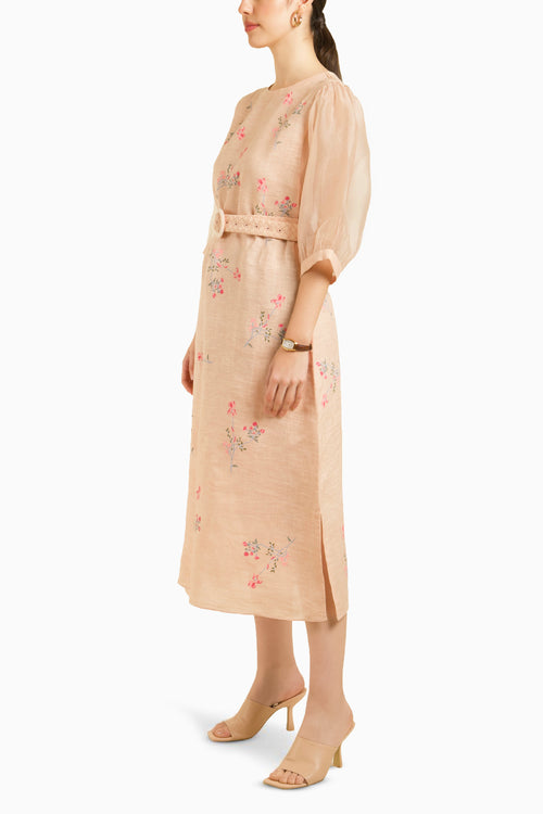 Old Rose Printed A-Line Dress with Quilted Belt