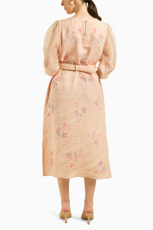 Old Rose Printed A-Line Dress with Quilted Belt