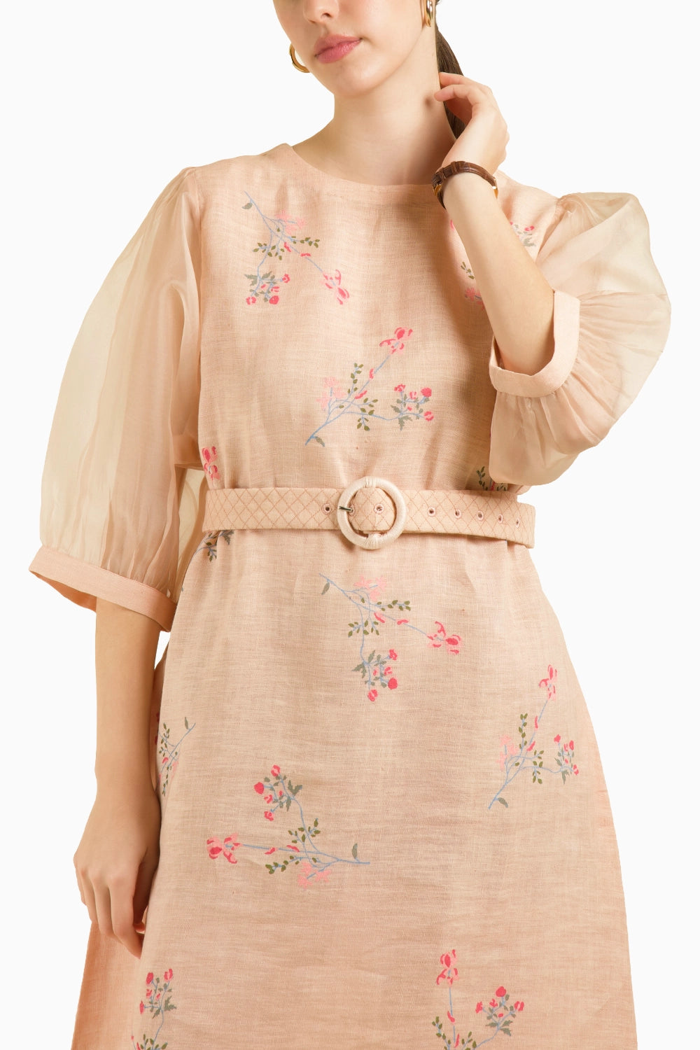 Old Rose Printed A-Line Dress with Quilted Belt