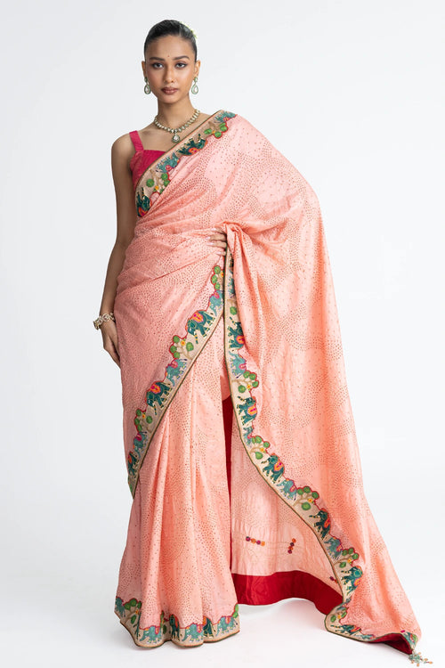Peach Bandhani Silk Aari Embroidery Saree