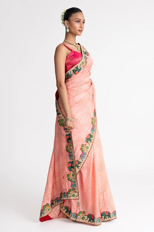 Peach Bandhani Silk Aari Embroidery Saree