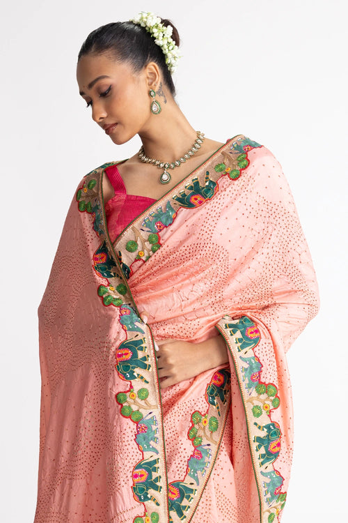 Peach Bandhani Silk Aari Embroidery Saree