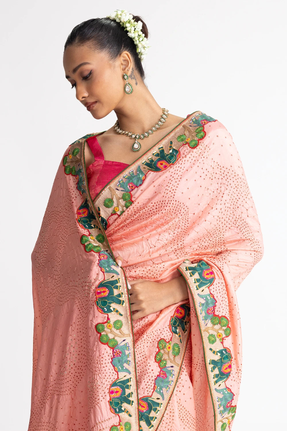 Peach Bandhani Silk Aari Embroidery Saree