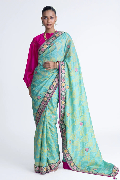 Mint Green Bandhani Silk Aari Embroidery Saree