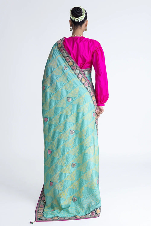 Mint Green Bandhani Silk Aari Embroidery Saree