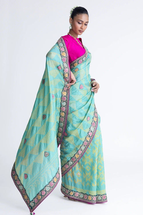 Mint Green Bandhani Silk Aari Embroidery Saree