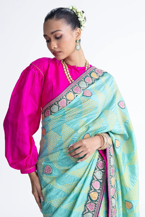 Mint Green Bandhani Silk Aari Embroidery Saree