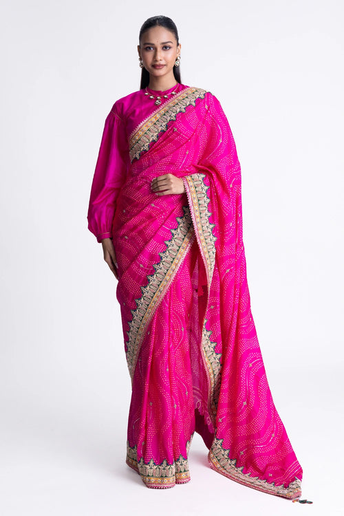 Rani Bandhani Silk Zardozi Embroidery Saree