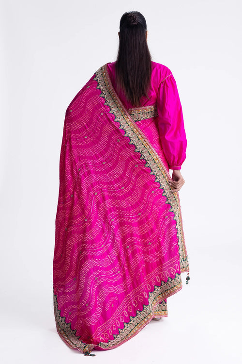 Rani Bandhani Silk Zardozi Embroidery Saree