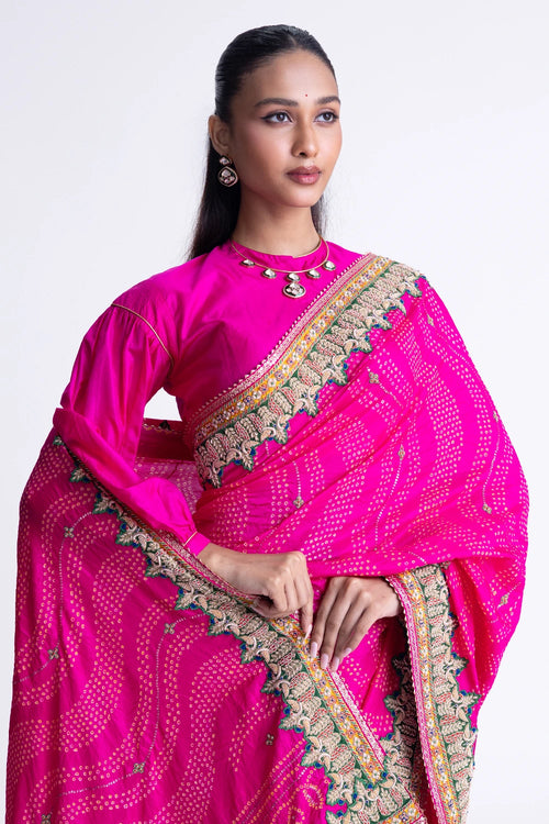 Rani Bandhani Silk Zardozi Embroidery Saree