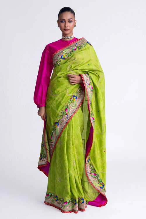 Parrot Green Bandhani Silk Aari Embroidery Saree