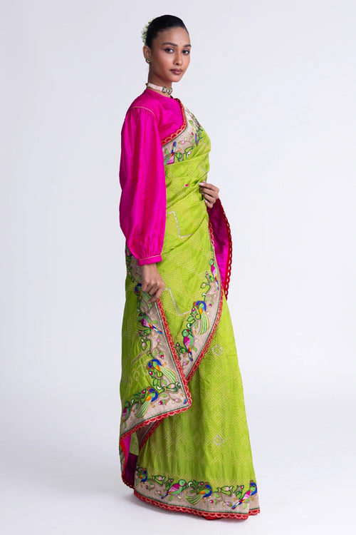 Parrot Green Bandhani Silk Aari Embroidery Saree