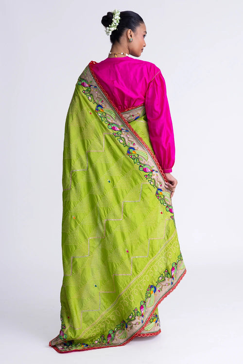 Parrot Green Bandhani Silk Aari Embroidery Saree