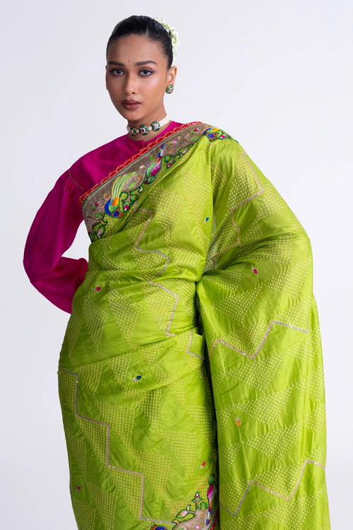 Parrot Green Bandhani Silk Aari Embroidery Saree