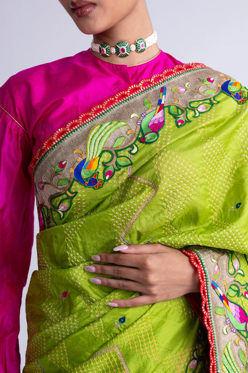 Parrot Green Bandhani Silk Aari Embroidery Saree